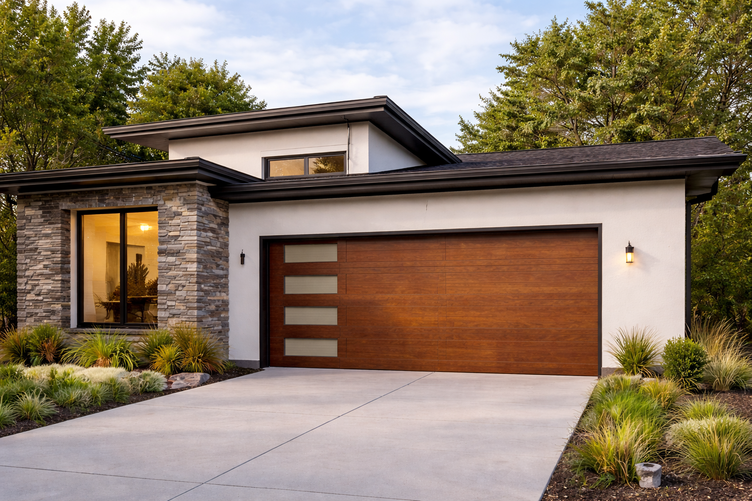 Modern home with custom garage door installation and clean driveway design