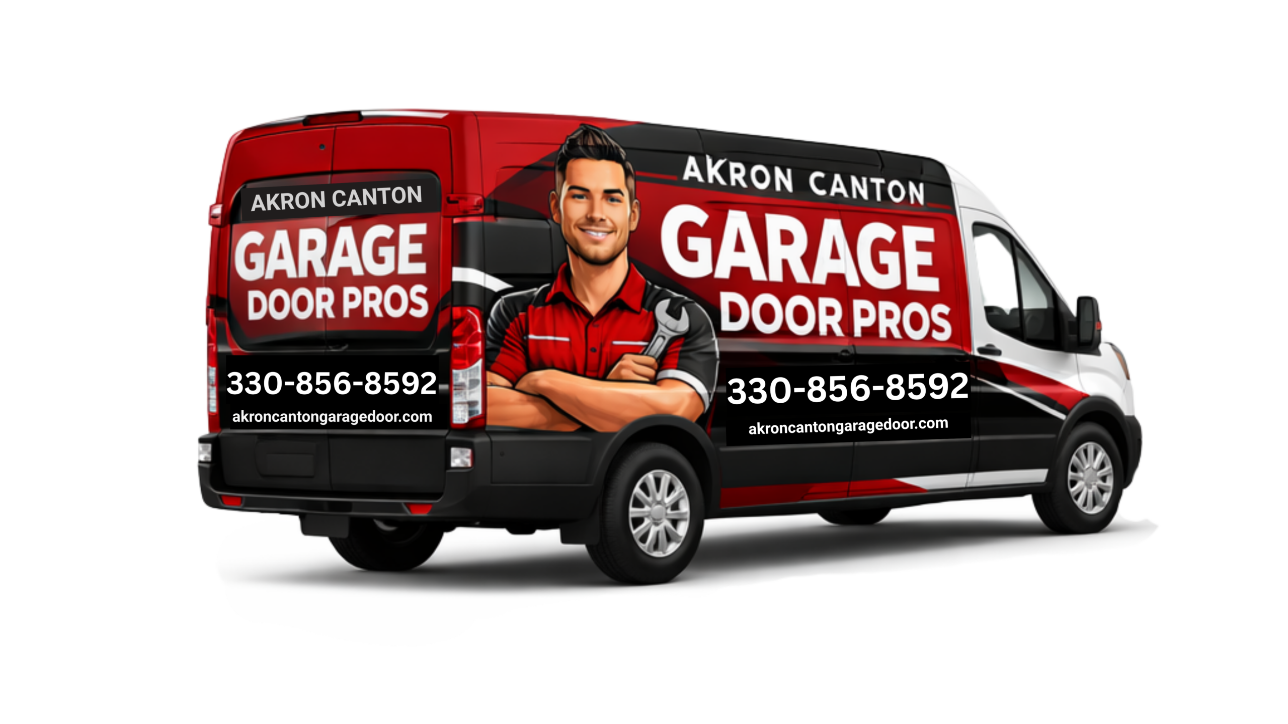 Akron Canton Garage Door Pros service van with branded wrap and contact information for garage door repair and installation in Akron Ohio